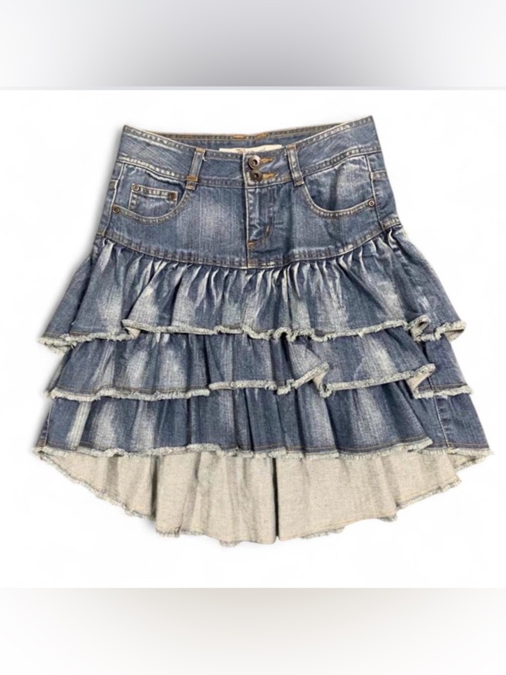 Y2K Denim Tiered Ruffle Skirt Low Rise Vintage Style